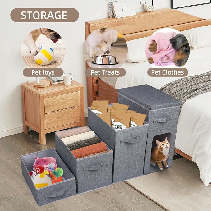 Dog Stairs with Storage, Folding Pet Steps with Zip for Small Dogs and Cats, 4-Step Pet Stairs with Pet House for High Bed, Couch and Car Ramp (Gray, 4 Steps with Condo)