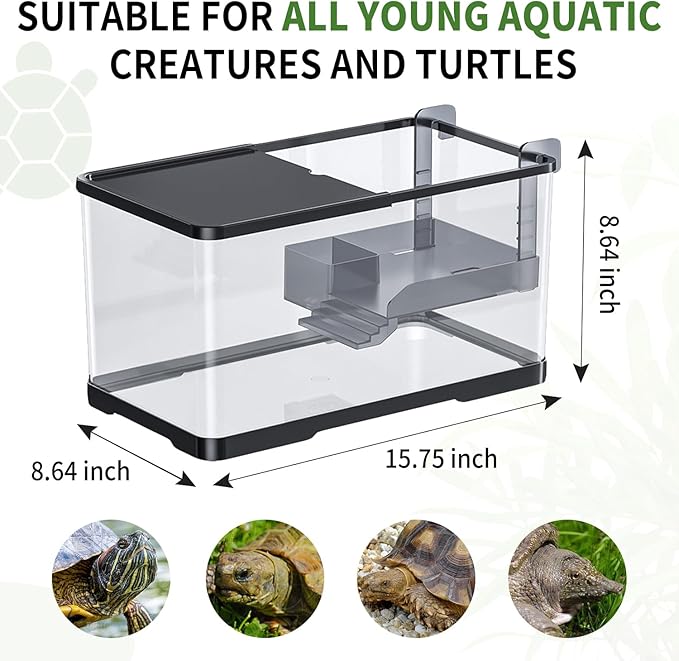 (Tank + Light + Filter + Filter Balls) Turtle Tank Kit, Turtle Tank Starter Kit,Bottom Drainage, Multi-Function Areas for Turtles, Crabs,Fishes, Amphibians,Reptiles. (15.75 x 8.64 x 8.64 Inch)