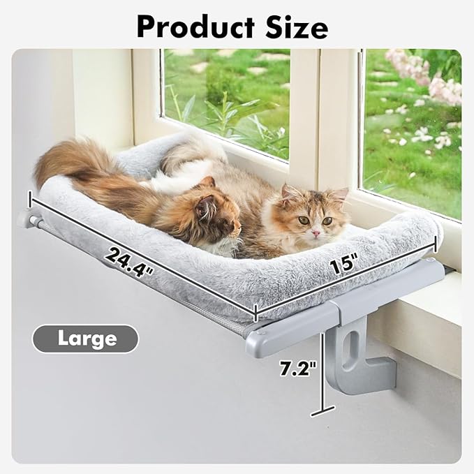 Cat Window Sill Perch with Large Bolster, Easy to Adjust & Assemble Cat Window Seat for Windowsill & Bedside, Pet Hammock Bed for Large Cats and Kittens (Grey, L)