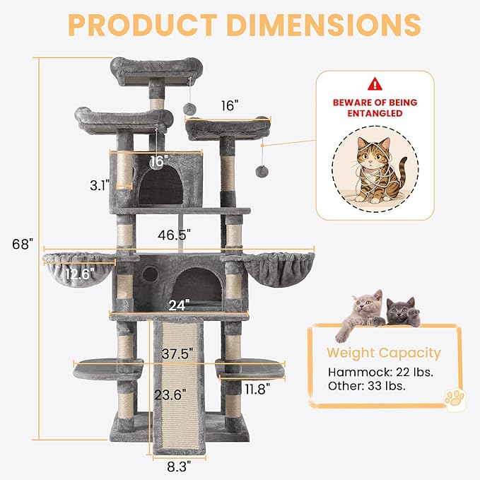 SHA CERLIN 68 Inches Multi-Level Large Cat Tree for Large Kitties/Big Cat Tower with Condo/Cozy Plush ‌Pussycat Perches/Sisal Scratching Posts and Hammocks/Activity Center/Grey
