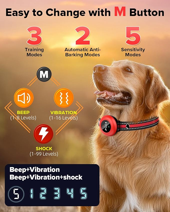 XDX 2-in-1 Dog Shock Collar & Bark Collar – 3300FT Dog Training Collar with Remote, Automatic Anti-Barking, 5 Adjustable Sensitivity Levels, IP67 Waterproof E-Collar for Small Medium Large Dogs