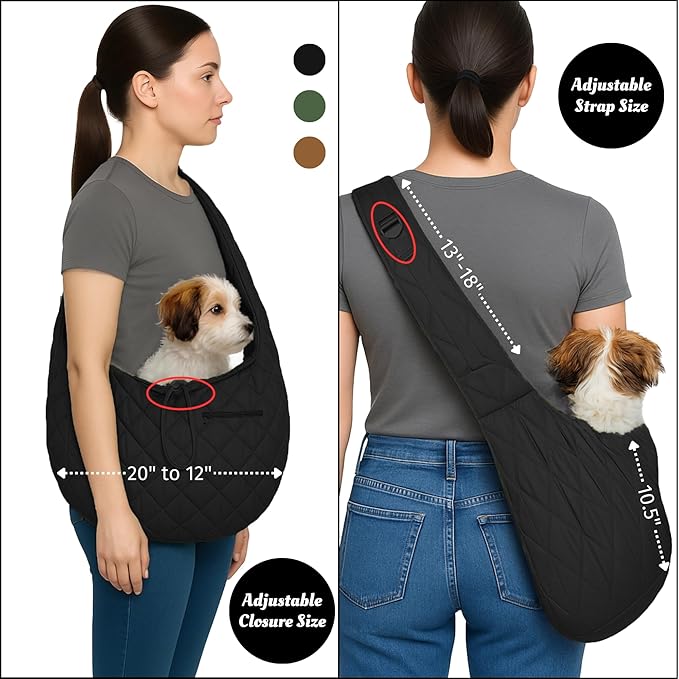Small Dog Carrier Sling Bag – Hands-Free up to 10 lbs -10.5″ Deep Pouch, Dual Snap-Clip Closure + Drawcord, 4″ Padded Strap, Safety Tether, Zipper Pockets, Machine-Washable