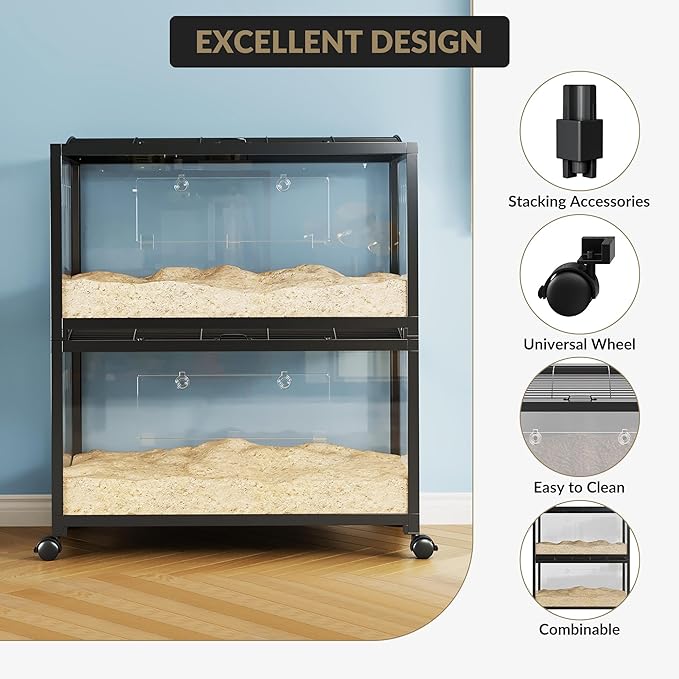 Large Metal Hamster Enclosure Rat Cage with 360 Viewing Acrylic Sides, Ventilated Front Door & Openable Top, Portable Hamster Tank for Guinea Pig, Chinchilla, Gerbil, 37.8''Lx18.5''Wx20''H Black