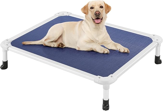 Veehoo Chew Proof Elevated Dog Bed - Cooling Raised Pet Cot - Silver Aluminum Frame and Durable Textilene Mesh Fabric, Unique Designed No-Slip Feet for Indoor or Outdoor Use, Blue, Medium, CWC2003