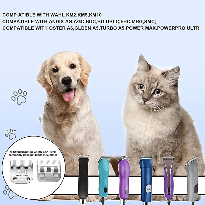 2PC 4FC Blade Detachable Pet Clipper Replacement Blades Compatible with Andis Pet Clipper/Oster A5/Wahl KM Series Dog Clipper,Ceramic Blade & Stainless Steel Blade