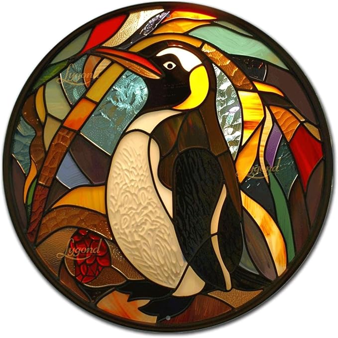 Lygond Metal Penguin Sign - Circular Stained Glass Design, 88 Inches