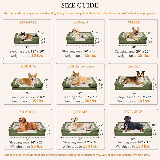 Comfort Expression Large Dog Beds Waterproof Orthopedic Foam Dog Sofa Beds Comfy Pet Bed with Washable Removable Cover & Non-Slip Bottom(Large,Light Green)
