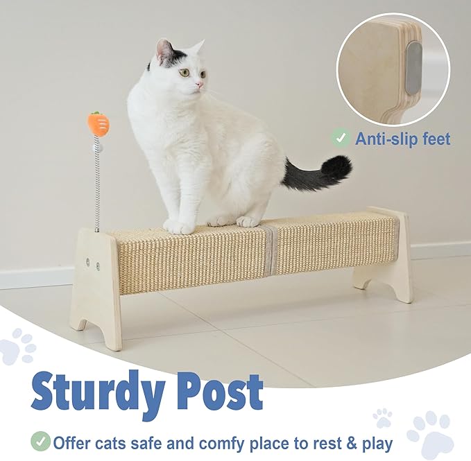 Cat Scratching Post, 30" Horizontal Sisal Scratch Post for Indoor Cats, Durable Cat Furniture Protector with Spring Toy