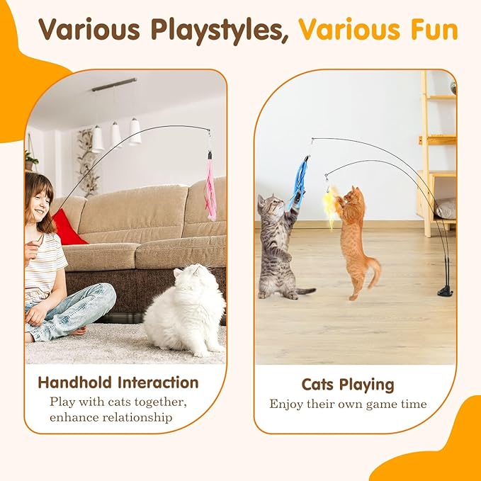 Pawaboo Cat Feather Toys, Interactive Cat Wand Toy with 2-Slot Super Suction Cup, Detachable 2 PCS Spring Cat Wand & 7 PCS Cat Teaser Replacement with Bells, Funny Kitty Toys for Indoor Kittens Play