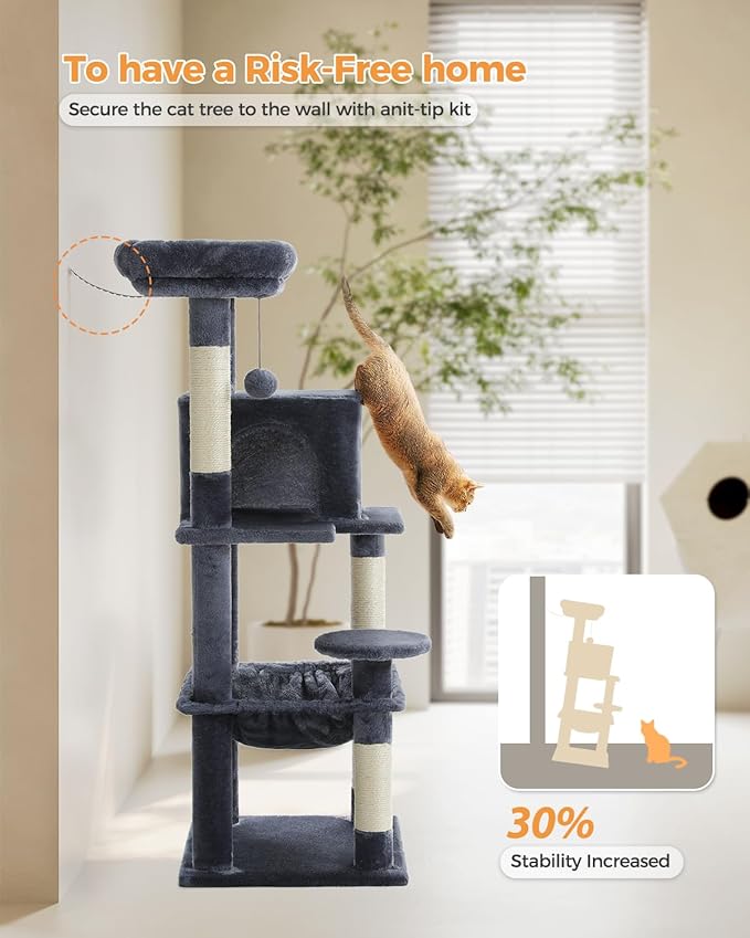 PETEPELA 45.7" Cat Tree for Indoor Cats, 5-Level Cat Tower for Large Cats with Metal Frame Large Hammock (17.3"x15.3"), Cat Condo with (18.5"x13") Big Top Perch & 4 Sisal Covered Scratching Post Dark