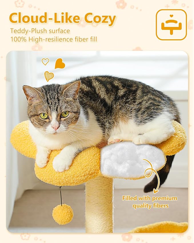 28" Flower Cat Tree Cute with Flower Top Perch, Large Hammock for Indoor Small Cats, Small Cat Tower with Cute Scratching Post and Fur Toy Ball for Kittens, Yellow