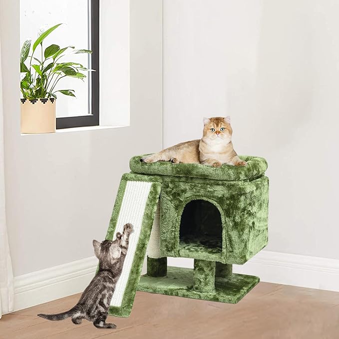 YANDLVY Small Cat Tower for Cats, Cute Cat Tree for Indoor Cats, Kittens Condo with Scratching Post and Board, Cat Cave, Modern Cat Activity House with Plush Perch (Green)