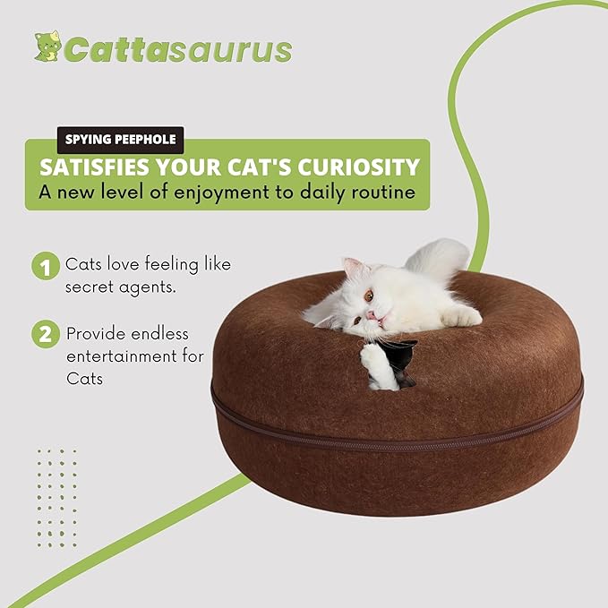 Cattasaurus Peekaboo Cat Cave for Multiple & Large Cats Up to 30-45 Lbs, Scratch Detachable & Washable Tunnel Bed, Comfy Donut Cat Cave (Brown, Large)