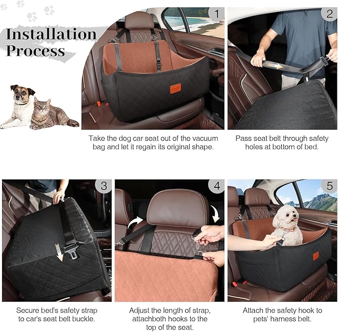 Dog Car Seat for Medium & Large Dogs Up to 55lbs, Memory Foam Cushion, Washable Cover, Safety Straps & Non-Slip Bottom(Black/Brown,Large)