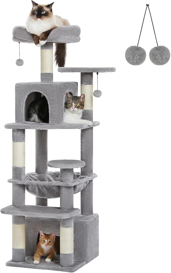 PAWZ Road Cat Tree, 53.5 Inches Tall Cat Tower with Spacious Hammocks, Condos and Scratching Posts, Cat House with Dual Padded Perches for Indoor Large Cats-Gray