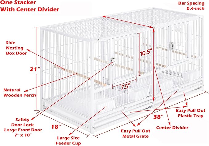 Combo Stacker Center Divided Breeder Breeding Bird Flight Double Rolling Cage for Aviaries Canaries Cockatiels Lovebirds Finches Budgies Small Parrots One Stacker