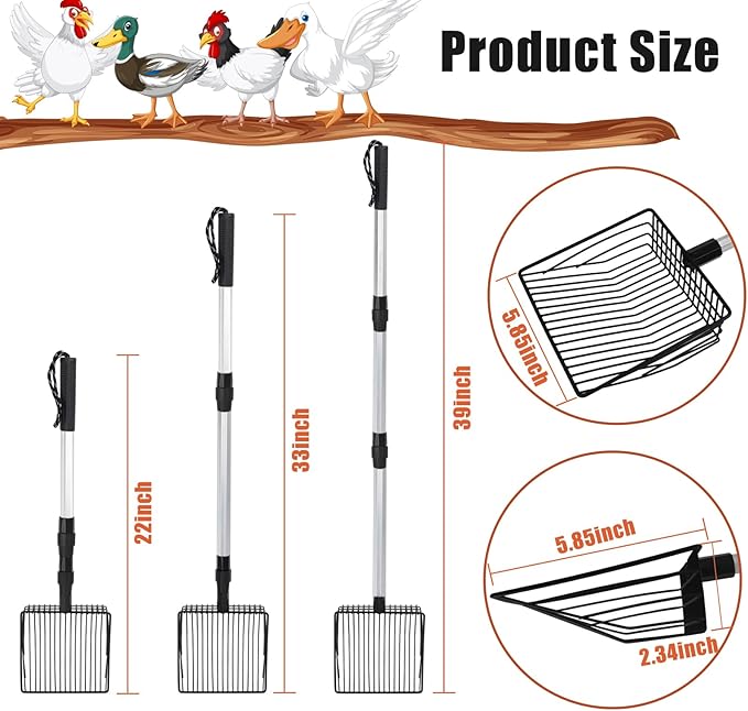 Esmorah Chicken Poop Scooper for Sand & Coop Cleaning - Sifting Shovel with 22"-40" Adjustable Handle, 3 Lengths Heavy Duty Stainless Steel Sifter