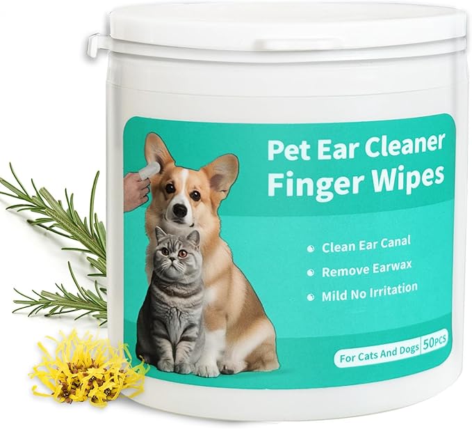 Dog Ear Cleaner Wipes Grooming Kit Care for Dogs & Cats Pet Ear Relief Gently Remove Ear Wax Debris and Smelly 50 Pcs Unscented