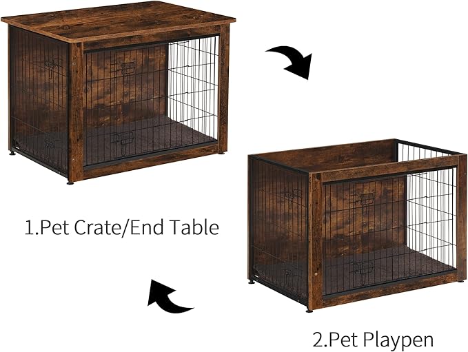 DWANTON Dog Crate Furniture with Cushion, Wooden Kennel Table with Double Doors, Indoor Dog House, Large Size, 38.5" L, Rustic Brown