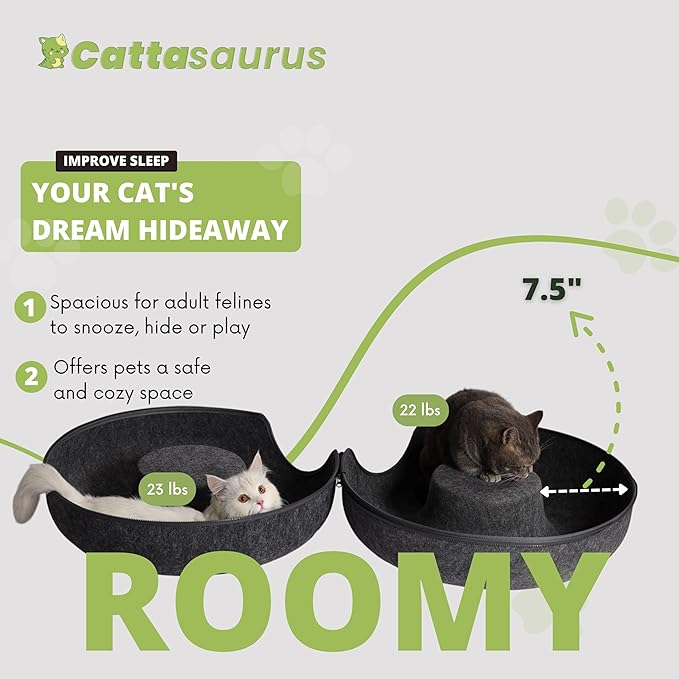 CATTASAURUS Peekaboo Cat Cave for Multiple & Large Cats Up to 30-45 Lbs, Scratch Detachable & Washable Tunnel Bed, Comfy Donut Cat Cave (Dark Gray + Dark Gray, Large)