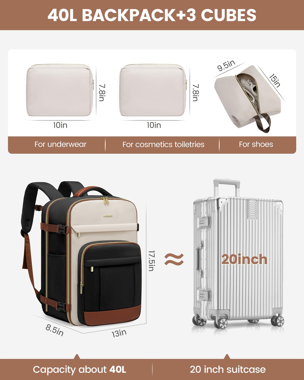 LOVEVOOK 40L Travel Backpack for Women & Men - 17.3 Inch Carry On Backpack & Personal Item Backpack for Airlines, Spacious and Durable Design, with 3 Packing Cubes