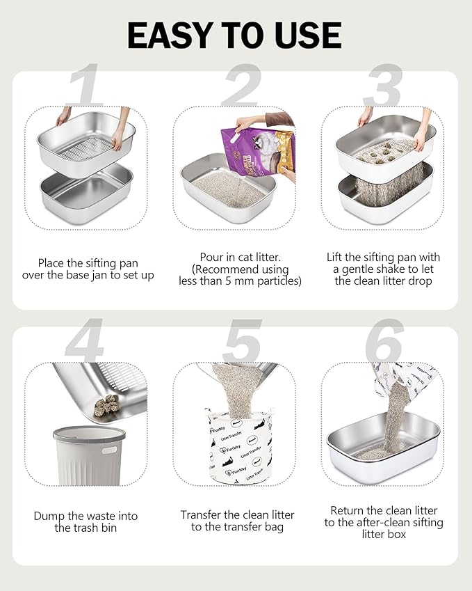 Stainless Steel Sifting Litter Box with Lid, Metal Litter Pan Tray with Scoop for Big Cats & Multi Cat, Extra Large Cats Litterbox Odor Control, Easy Clean (with Enclosure & Step, X-Large)