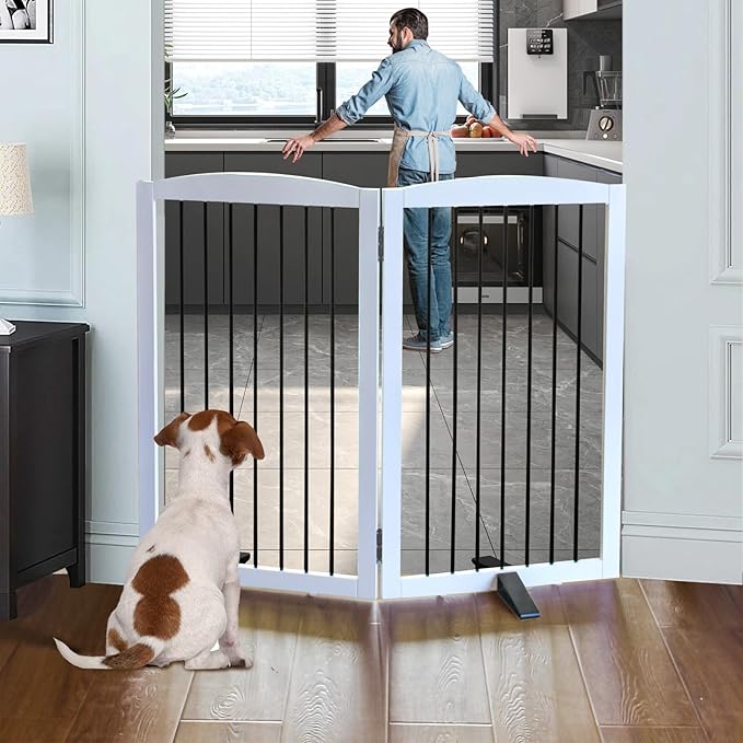Freestanding Panel Dog Gate for Indoor, Doorways,Stairs, or Hallways,Foldable Wooden Dog Gates for House,Pet Gate for Dogs,Dog Fence, Puppy Gate,Support Feet Included,32 "Height-2 Panels,White