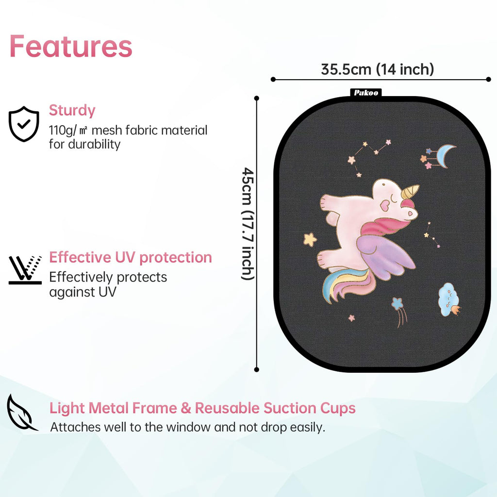 Pakoo Car Sun Shade for Baby with UV Protection, 2 Pack UV Protection Breathable Car Window Sun Shade for Children with Cute Animal Motifs, 17.7 x 14 inches Sun Shades with 8 Cups
