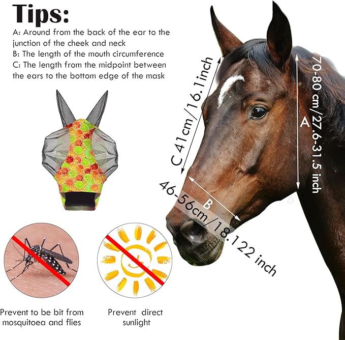 Frienda 4 Pieces Horse Fly Masks with Ears Face Covering UV Protection from Insect Pests Elasticity Smooth Comfortable Mesh Horse Mask Accessories(Fruit,Medium)