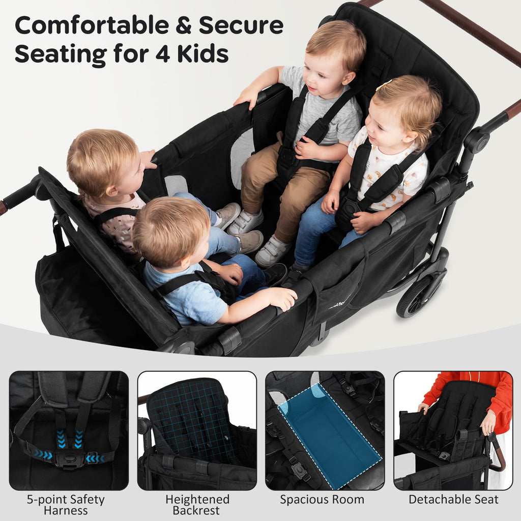 BABY JOY Wagon Stroller for 4 Kids, Foldable Stroller Wagon with Removable Canopy, Adjustable Handle, Snack Tray, Parent Organizer, 5-Point Safety Harness, Convertible Diaper Bag/Changing Pad (Black)