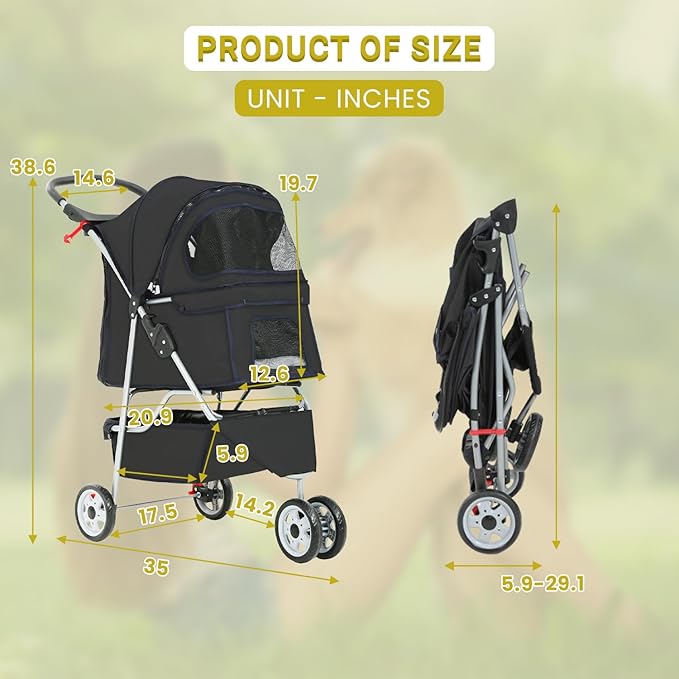 Pet Stroller Dog Stroller Portable Travel 3 Wheel Foldable Cat Stroller with Storage Basket and Cup Holder for Small and Medium Cats,Dogs,Puppy,Black