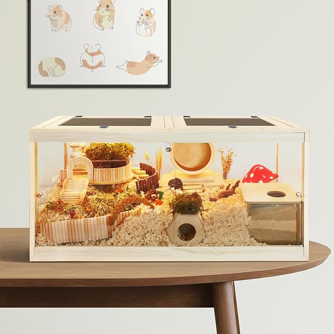 Prolee Hamster Habitat Chewproof,Wooden Hamster Cage with Openable Metal Mesh Top,Gerbil Cage with Lock Design for Hamster House (32"x16"x16")