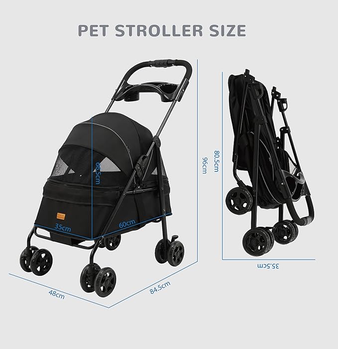 4 Wheels Pet Stroller,One-Click Folding Portable Folding Dog Cat Stroller,Sunshade, Storage Bag, Waterproof Oxford Fiber，Breathable and Visible Mesh for Small/Medium Pets up to 33 lbs,Black ﻿