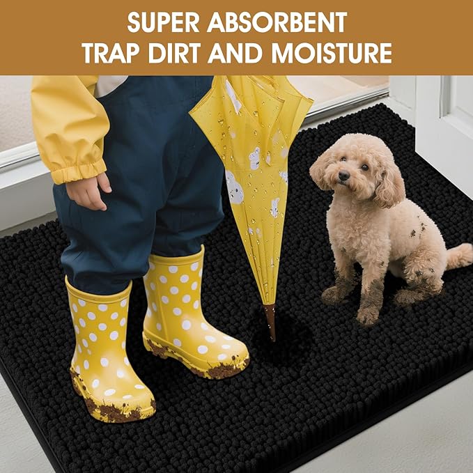 IM HOME 48" x 38" Black Dog Door Mats for Muddy Paws, Chenille Absorbent Dog Mat, Non Slip Heavy Mud Mat for Dogs, Soft Pet Bed Mat for Entryway, Mud Paws, Inside Floor