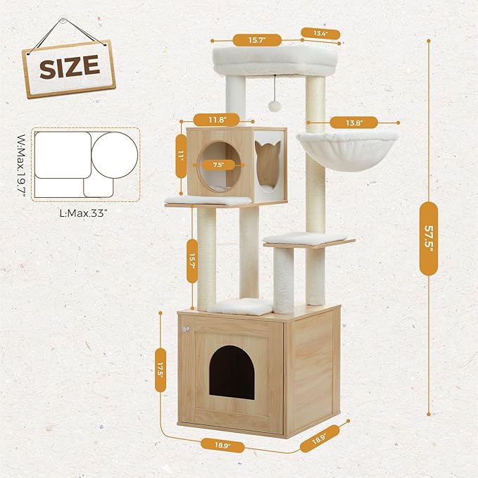 Tall Cat Tree with Litter Box Enclosure 57.5" Wooden Cat Tower for Large Cats with Cat Hammock House Bed (Pure Beige)
