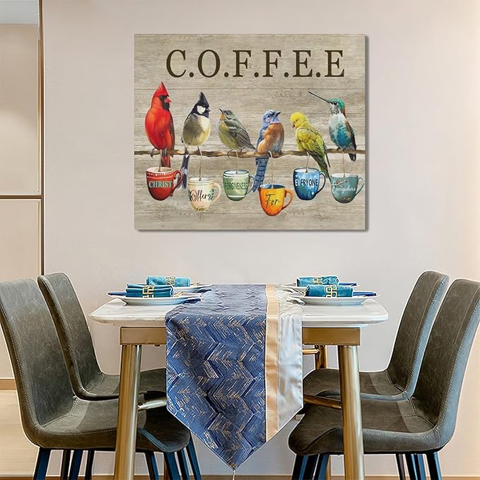 Rustic Bird Coffee Wall Art Kitchen Christ Coffee Pictures Wall Decor Farmhouse Cardinal Hummingbird Canvas Print Painting Artwork for Coffee Bar Living Room Bedroom 20"x24"