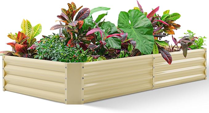 Land Guard 8×4×1ft Galvanized Metal Raised Garden Bed, Metal Planter Kit Box Outdoor for Deep-Rooted Vegetables, Flowers, Green and Herbs (Cream Yellow)…