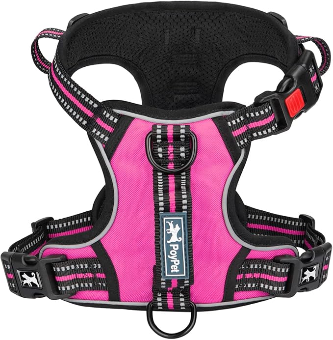 PoyPet No Pull Dog Harness, No Choke Front Clip Reflective Dog Vest with Soft Padded Vertical Handle, 3 Leash Attachments for Small Medium Large Dogs (Pink,XL)