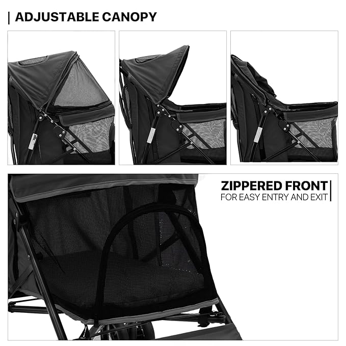 MoNiBloom 4 Wheels Pet Stroller, Easy-Fold Puppy Cage Jogger Stroller with Sun Cover, Pad and Rear Storage Bag, Breathable and Visible Mesh for Small/Medium Pets up to 22 lbs, Black