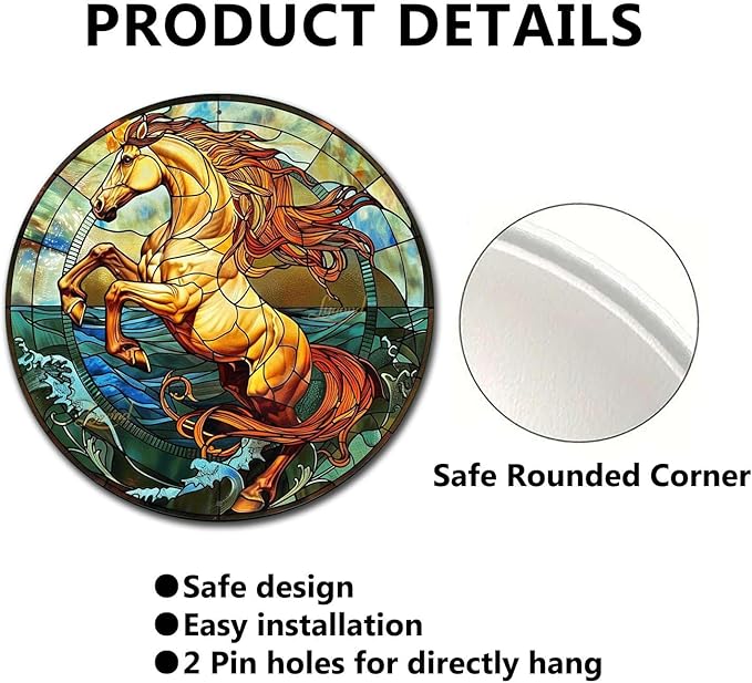 Lygond Metal Sign Tin Sign Circular Stained Glass Horse Boho Office Decor For Yard 8×8 Inches