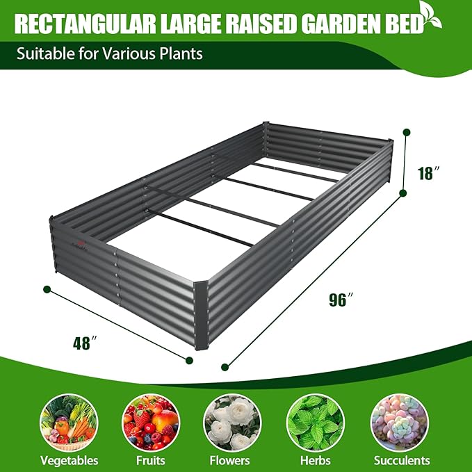 A ANLEOLIFE 8X4X1.5ft Galvanized Raised Garden Bed Kit, Rectangular Large Metal Deep Root Planters for Outdoor Plants Vegetables Flowers Herb, 359 Gallon Capacity- Quartz Grey