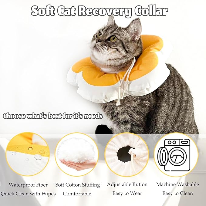 Cat Cone Collar Soft, Adjustable Kitten Cone After Surgery, Waterproof Recovery E Collar for Pet to Stop Licking(Yellow Flower, Medium)