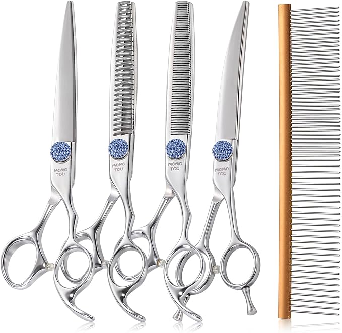 7.5'' Dog Grooming Scissors Set with Blue Diamond Adjustable Screws CNC 440C Stainless Steel Thinner Chunker Straight Curved Shears with Comb Sharp and Durable