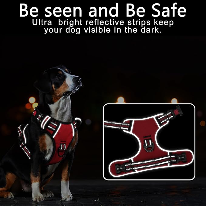 Timos Dog Harness Medium Sized, No Pull with Neck Lockable Snap,No Choke Front Clip Dog Reflective Harness,Adjustable Metal Rings 3 Buckles,Easy Control Handle for Medium Dogs Red M