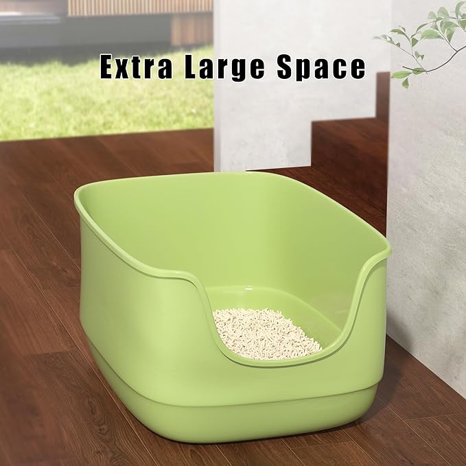 Gefryco Large Cat Litter Box with High Sided 24.6"x18.3"x12.2" - Jumbo Extra Large Open Anti - Splashing High Wall for Multiple Cats (Green)