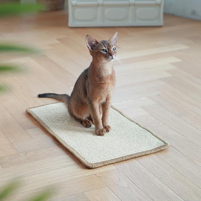 FUKUMARU Cat Scratcher Mat, 19.6 X 11.8 Inch Natural Sisal Cat Scratch Mats, Horizontal Cat Floor Scratching Pad Rug, Protect Carpets and Sofas - Beige