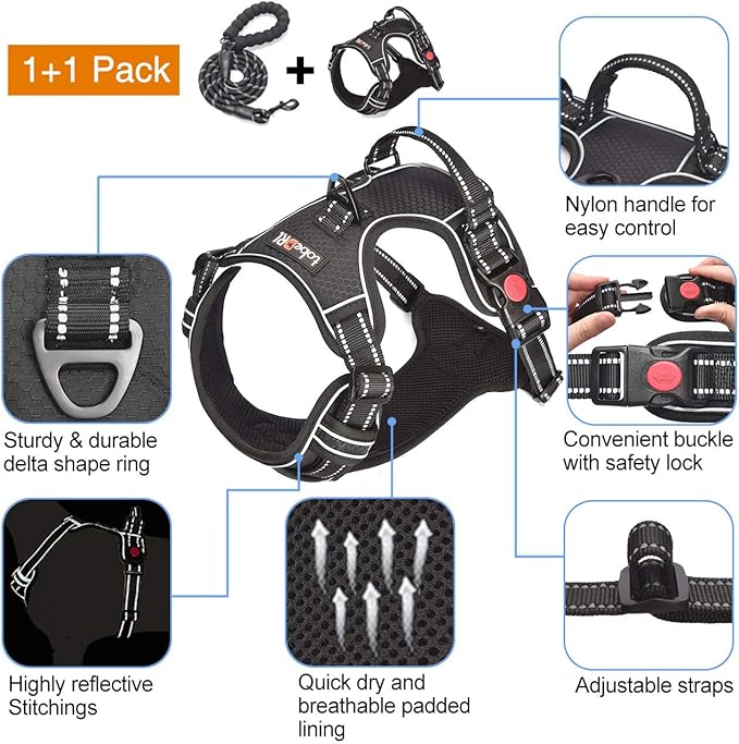 No Pull Dog Harness Adjustable Reflective Oxford Easy Control Medium Large Dog Harness with A Free Heavy Duty 5ft Dog Leash (M (Neck: 14.5"-20.5", Chest: 22"-28"), Black Harness+Leash)