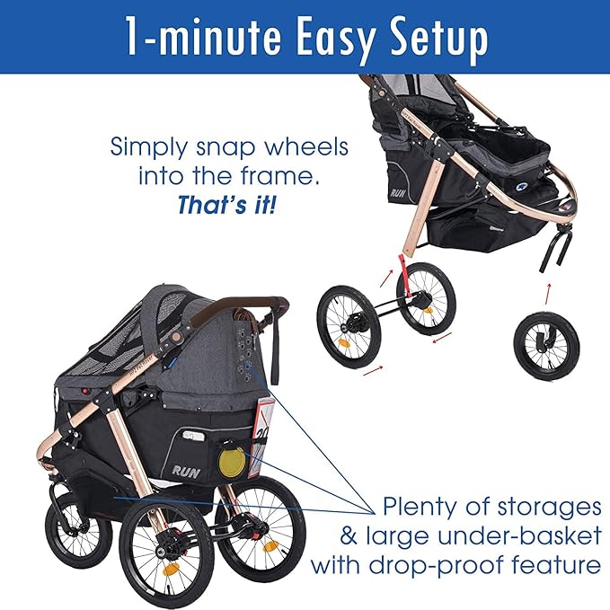 Run Performance Jogging Sports Stroller with Comfort Rubber Wheels/Zipper-Less Entry/1-Hand Quick Fold/Aluminum Frame for Small/Medium Dogs, Cats and Pets (Black)