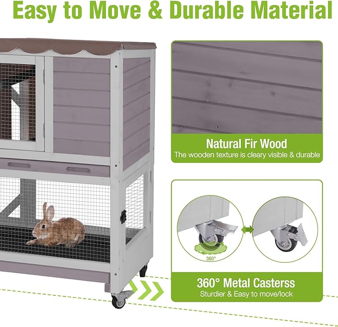 Wooden Rabbit Hutch with Two Story, Bunny Cage with Leak-Proof Trays, and Chew-Proof Ramp, Guinea Pig Cage with Wheels, Suitable for Indoor/Outdoor Use (Grey)