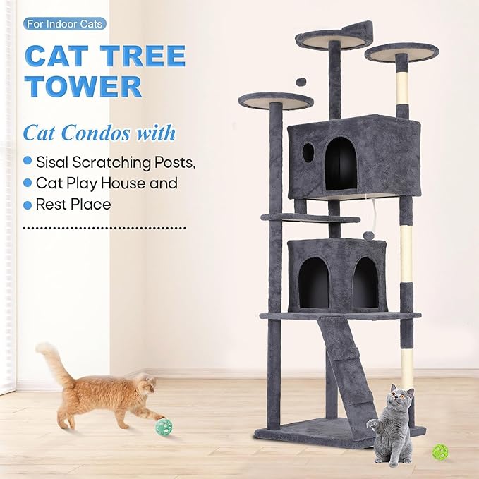 FDW Cat Tree Tower 81in Multi-Level Durable Cat Scratching Post & Cozy Fun Jumping Platform Space Saving Condo Pet Play House for Indoor Cats,Dark Gray